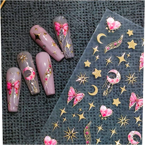 BonnieSam 3Sheets Nail Art Stickers Gold Moon Star Metallic Nails Decal Design for Nail Foils Decorations Supplies (Gold)