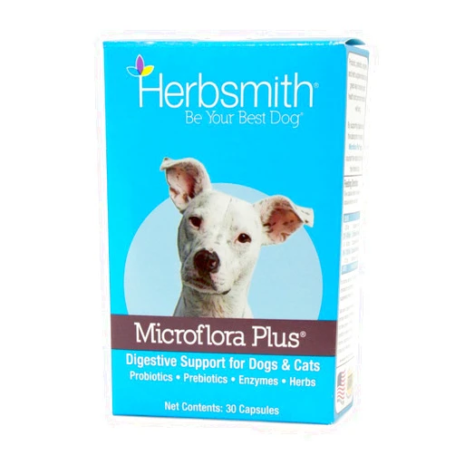 Herbsmith Microflora Plus – Dog Digestion Aid –Probiotics and Digestive Enzymes for Dogs – Prebiotic for Dogs – 30ct Capsules