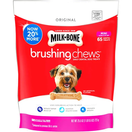 Milk-Bone Original Brushing Chews Daily Dental Dog Treats, Reduce Tartar Build-up, Maintain Healthy Gums 65 Count (Pack of 1) Mini