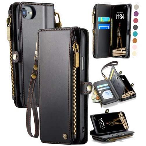 Defencase Compatible with iPhone SE 2020 2022 Case Wallet with RFID Blocking Card Holder for Women Men, Soft PU Leather Magnetic Snap Flip Zipper Strap Wallet Phone Case Fit for iPhone SE/7/8, Black