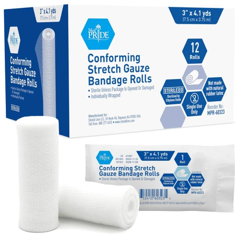 MED PRIDE Conforming Stretch Gauze Bandages 12 Rolls 3'' x 4.1 Yards| Sterile Latex Free First Aid Pads | Wound Care Rolled Dressing Wrap | Medical Non-Adherent Mesh Bandages
