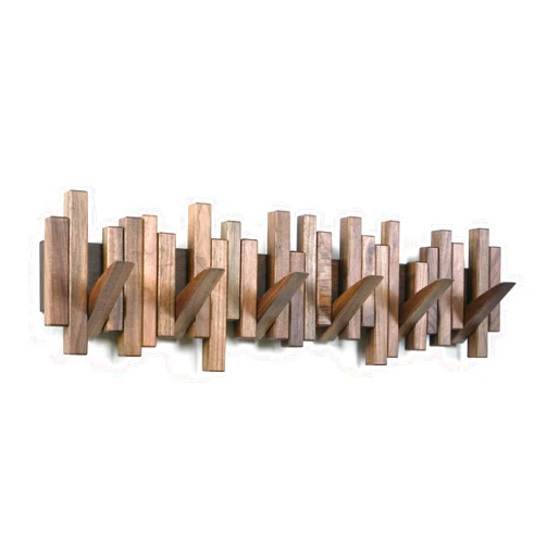 Acsigesn Wooden Coat Rack Wall Mounted Sticks Multi Rack Solid Handmade Natural Walnut Wood Artwork with 6 Flip-Down Unique Modern Hooks for Coats Bag Hat Umbrella