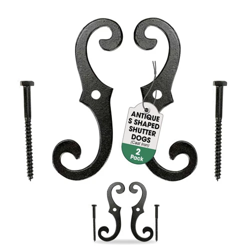 Renovators Supply Manufacturing Renovators Supply Cast Iron Shutter Fasteners - Decorative S Style Shutter Dogs Hardware - Weatherproof Powder Coated External Shutter Tieback Including Mounting Screws - 6.5 Inches, Pack of 2
