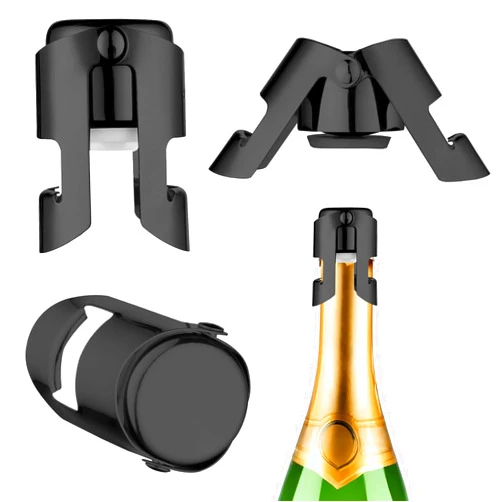 AHQiZFX 2 Pack Champagne Stoppers, Food Grade Silicone, Vacuum Sealed, Leak Proof Keep Fresh, Stainless Steel Bottle Closure Sealer suitable for Champagne, Cava, Prosecco and Sparkling (Black)