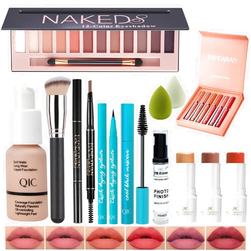 Arindar All In One Makeup Kit Full Kit, 3 Pcs Cream Contour Sticks,12 Colors Eyeshadow Palette,Full Coverage Foundation, 6 Colors Lipstick Set, Waterproof Eyeliner and Mascara(103# Warm Peach)