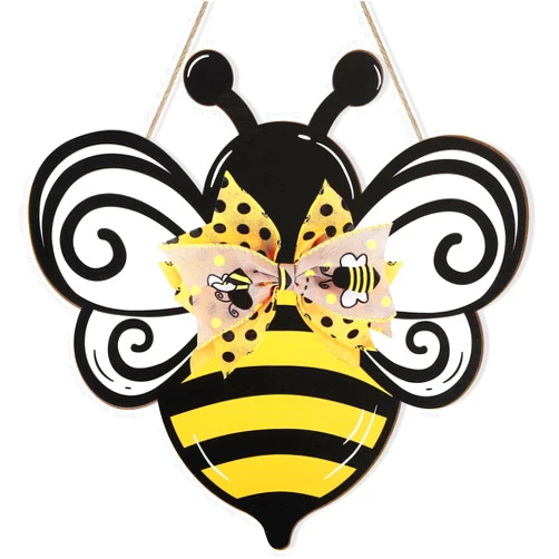 Hinsly Bee Wooden Wreaths Front Door Welcome Signs with Bow Ribbon, Bee Decoration Wood Door Wall Signs Door Hanger Crafts for Spring Home Farmhouse Party Porch Wall Decor