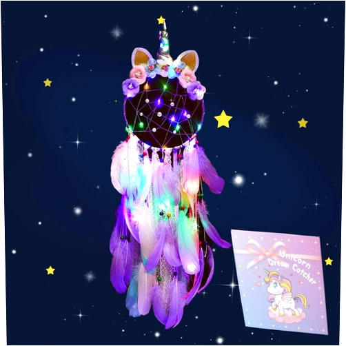 Jewaytec LED Lighted Up Unicorn Dream Catcher Wall Decor Colorful Feather Dreamcather Wall Hanging for Girls Kids Bedroom Decoration (Purple with Light)