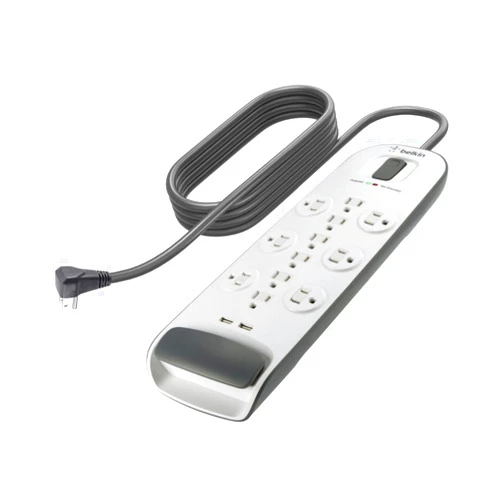 Belkin USB Power Strip Surge Protector - 12 AC Multiple Outlets & 2 USB Ports - 6 ft Long Flat Plug Extension Cord for Home, Office, Travel, Computer Desktop & Charging Brick - White (3,996 Joules)