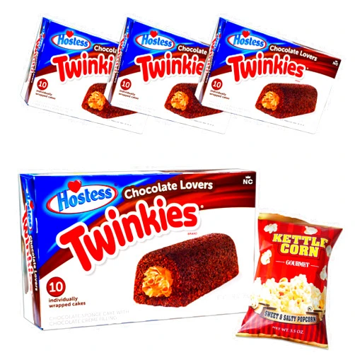 Noble Crunch Chocolate Lovers Twinkies (4pks - 32 Twinkies) - Sweet and Salty Kettle Popcorn (1, 5.5oz bag) - 5 Items Total