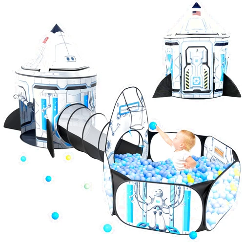 Senodeer Rocket Ship Kids Play Tent: 3Pcs Toddlers Pop Up Ball Pit and Play Tunnel for Indoor Outdoor, Spaceship Baby Playhouse Toys for 1-3 Year Old Boys Girls (3 in 1 Kids Tent)