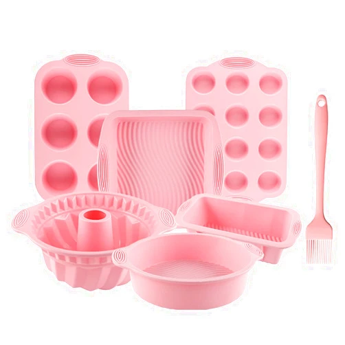 Acidea Nonstick Silicone Bakeware Set, 7set Baking Cake Pan, Economical BPA Free Heat Resistant Bakeware Suppliers Tools Kit with Silicone Brush for DIY Loaf Bread Cheesecake Pizza Cupcake Muffin