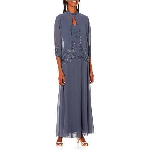 J Kara Women's Petite Beaded Long Jacket Dress Two Piece