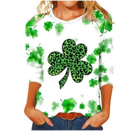ZDRZK St Patricks Day Shirt Women Shamrock Clover Lucky St. Patrick's Day Blouses 3/4 Length Sleeve Crewneck Fashion Tops