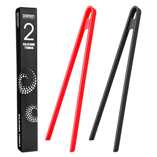 DaiRen Kitchen 2 Pieces Silicone Trivet Tongs 11.8 Inch for Cooking Silicone Tongs Non-Stick Silicone Food Tongs Kitchen Utensils Heat Resistant BBQ Grilling Tongs for Pan Fried Steak and Toaster(Black, Red)