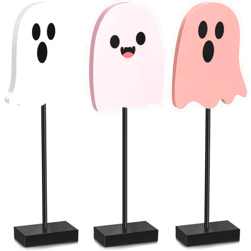 Suzile 3 Pieces Halloween Pink Ghost Standing Table Decor Cute White Ghost Wooden Signs Ghost Tiered Tray Table Centerpiece Tall Block Decorations Set for Halloween Party Favor Home Indoor