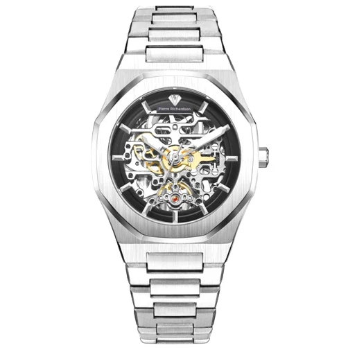PIERRE RICHARDSON PR5721 Men’s Skeleton Watch, Silver Stainless Steel, Automatic, 41mm, Sapphire, 5ATM
