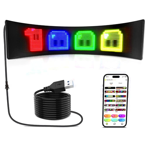 Rayhome Full-Color Import Picture Programmable LED Sign, 27''x5'' Flexible USB 5V Multitasking Rotation Bluetooth APP Control Custom Text Pattern Animation Scrolling LED Display for Car Store Party