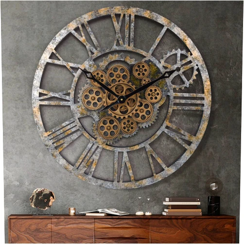 Lafocuse Gear Clock with Moving Gears Exposed, Farmhouse Rustic Large Wall Clock with Gears, Steampunk Wall Clock for Living Room Decor Office Home Bronze 23 Inch