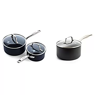 GreenPan Chatham Black Prime Midnight Hard Anodized Healthy Ceramic, 1QT and 2QT Saucepan Pot Set, Black & Canterbury Hard Anodized Healthy Ceramic, 3.25QT Saucepan Pot with Lid, Oven Safe, Black 1QT and 2QT Saucepan Pot Set with Lids Pan Set + Ceramic