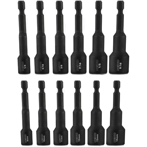 NEIKO 10250A Magnetic Hex Impact Nut Driver Set, 12-Piece Driver Bit Set for Drill, Cr-V Steel, 1/4