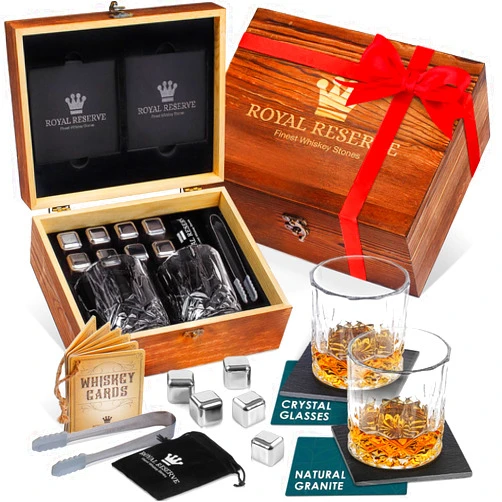 Royal Reserve Whiskey Set by Royal Reserve – Whiskey Glasses, Stainless Chilling Stones, Coasters, Tongs - Whiskey Stones Gift Set for Men - Valentines Day Gifts for Him Husband Dad Boyfriend