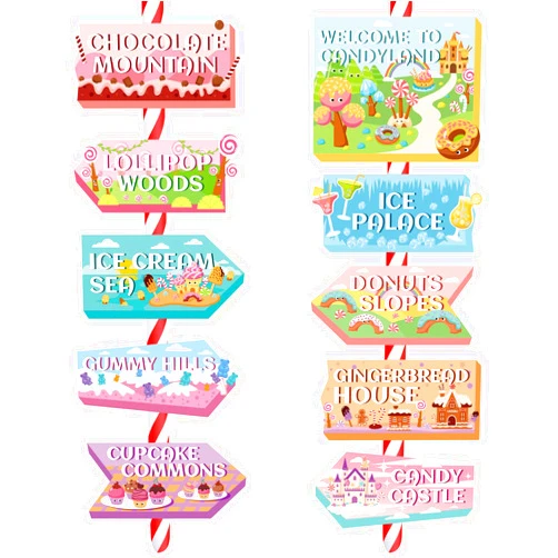 DPKOW Candyland Party Decorations, 20pcs Sweet Candy Land Party Sign Directional Decor for Lollipop Donut Birthday Party Decorations for Indoor Outdoor, Cute Sweet Candy Photo Booth Props Supplies