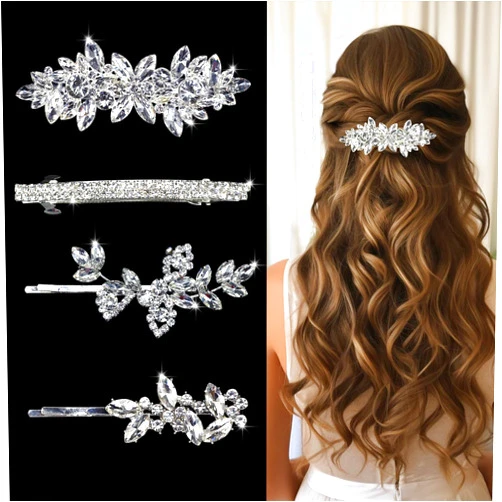 Mulzile 4 Pieces Rhinestone Hair Clips Leaf Wedding Hair Pins Crystal Bobby Pins Silver Bridal Hairpin Barrette for Brides Bridesmaids Flower Girls