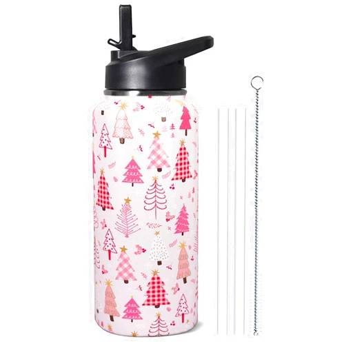 TWBDMKC 32oz Christmas Tree Insulated Aater Water Bottle with Straw,Pink Gym Hiking Sports Coffee Mug Cup Water Bottles,Christmas Gifts for Women,Christmas Decor Stuff Accessories