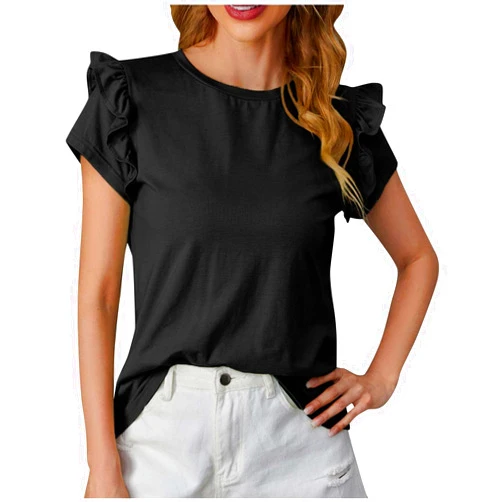 Bawilom Blouses for Women Dressy Casual Ruffle Short Sleeve Crewneck Shirts Summer Loose Fit Solid Color Tops Cute Tunic Tee