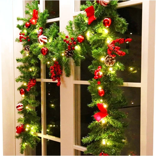 MorTime 9 FT LED Christmas Garland with Pinecones Red Berries Bows Christmas Balls Candies, Multi-Function Christmas Garland with 50 Warm White LED Lights, 180 Branch Tips