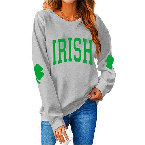 TAOHONG Women St. Patrick's Day Sweatshirts Shamrock Shirt Clover Printed Long Sleeve Irish Gift Casual Loose Fit Tops