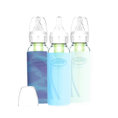Dr. Brown's Natural Flow Anti-Colic Options+ Narrow Glass Baby Bottle, 8 oz/250 mL, with Silicone Bottle Sleeve, 3 Pack, Glow/Blue/Mint