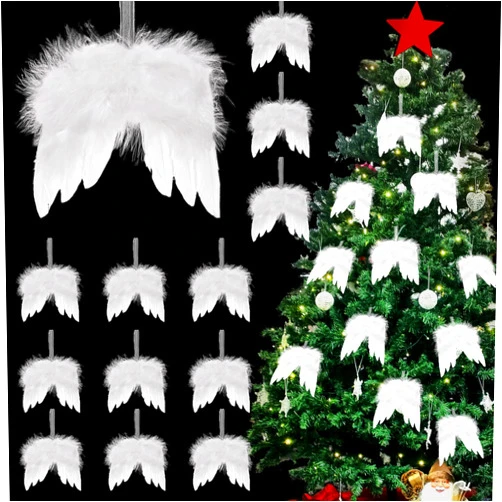 Yieeonc 12Pcs White Angel Wings Christmas Ornaments Angel Feather Wings Hanging Decor for Christmas Tree Angel Wings Pendant for Crafts Xmas Party DIY Decorations