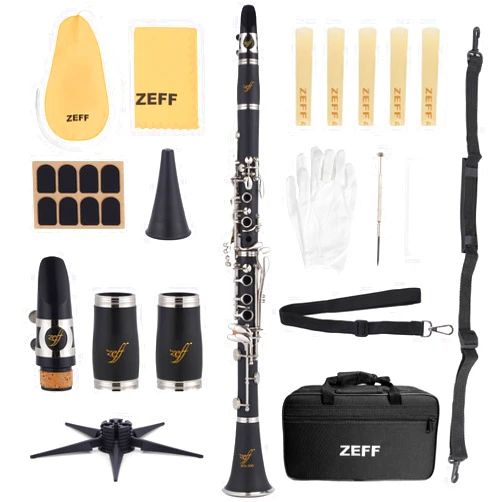 ZEFF Bb Clarinet, Student Beginner Clarinet with 2 Barrels, Nickel-plated Keys, Case, Stand, 5 Reeds, Cleaning Cloth, Cork Grease, Mouthpiece Brush and Pad Brush