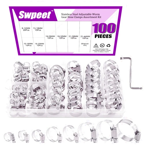 Swpeet 100Pcs 8-44mm Adjustable Range Assorted Sizes Assortment Hose Clamps Kit, 100% 304 Stainless Steel Adjustable Range Worm Gear Hose Clamp Perfect for Plumbing, Automotive