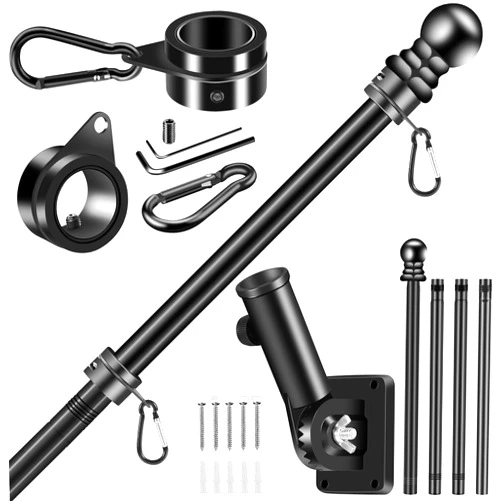 BONWIN Black Flag Pole Kit for House, 5 FT Thickened Stainless Steel Outside Porch Wall Flagpole for 3x5' Flag, 1