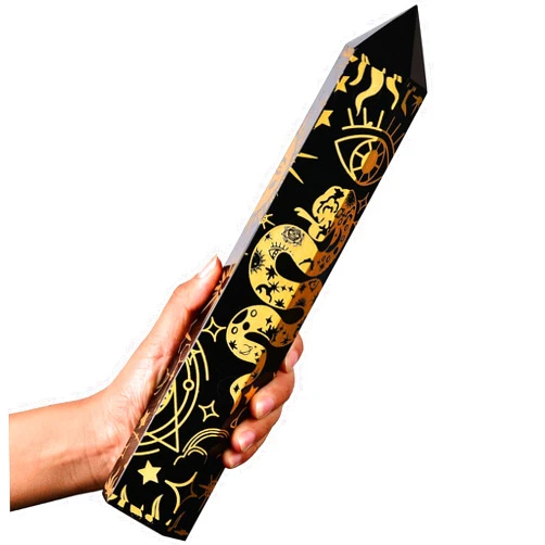 AMOYSTONE Black Obsidian Obelisk Tower Large Healing Crystal Wand Point 6 Faceted Reiki Chakra Meditation Therapy Engraved Gold Snake Sun Moon 2.6-3.0 LBS