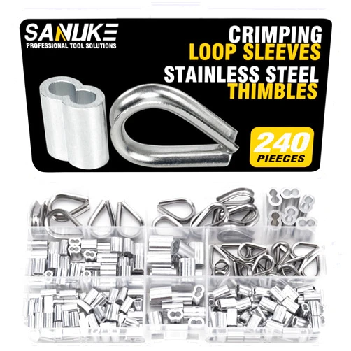 Sanuke 240PCS Stainless Steel Wire Rope Cable Thimbles Aluminum Crimping Loop Sleeve 3/64'' 1/16'' 5/64'' 1/8'' 3/32'' 5/32'' for Wire Rope Cable Thimbles Rigging