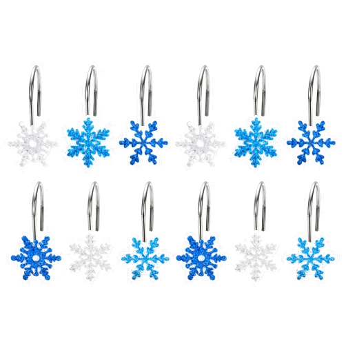 Whaline 12 Pcs Christmas Snowflake Shower Curtain Hooks Shower Rings Silver Blue Resin Decorative Curtain Rods Hooks for Winter Xmas Bathroom Bedroom Living Room Decor