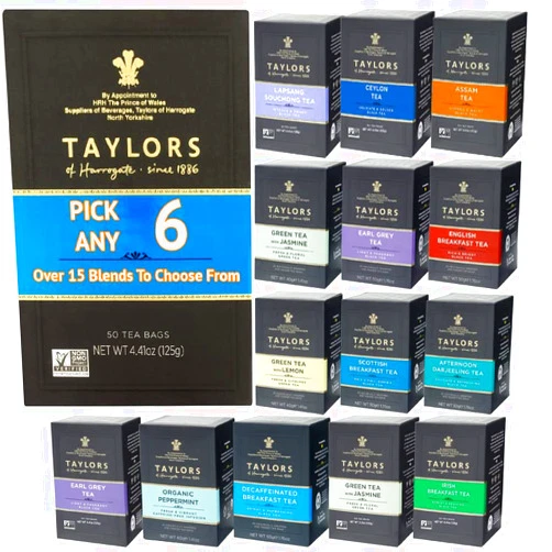 Generic Taylors of Harrogate Tea Bags. PICK ANY 6 Boxes (20 Individually Wrapped Tea Bags Each Pack) from 20+ Flavours Inc. Green Tea, Peppermint, White tea, English Breakfast, Cinnamon, Darjeeling - 120 BAGS