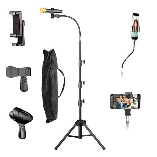 KEREAL Microphone Stand For singing For Most Mic, Gooseneck Mic Stand Adjustable Height From 21” to 75”, Portable Mic Floor Stand with Phone holder,Two Mic Clips for Studio, Stage, Karaoke, DJ, Kids