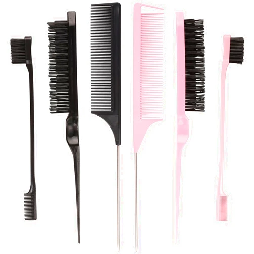 EWAGOA 6 Pack Hair Styling Comb Set, 2 Slick Back Hair Bristle Brush, 2 Edge Control Brush and 2 Rat Tail Combs for Hair Parting, Controlling Flyaways & Smoothing Baby Hair (Black & Pink)