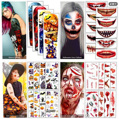 RainFlowwer 175+ PCS 30 Sheets Halloween Tattoos 4 in 1, Zombie Makeup Chucky Scars Tattoos, Clown Makeup Big Mouth Halloween Face Tattoos, Halloween Sleeve Tattoos for Kids Adults Party DIY Family Kits