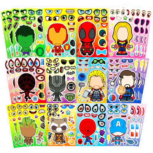FINDIN 36 Pieces Make-a-face Stickers Pack, Mixed & Matched with 9 Heroes Characters(4 of Each) Stickers, Make Your Own Stickers for Kids Teens Party Decoration, Reward, Decor