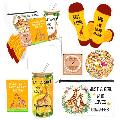 Zhirlyn Giraffe Gifts for Women Giraffe Lover Gift Set Include 16oz Glass Cup Makeup Bag Socks, Bracelet & 50 Stickers for Birthday Christmas (Classic)