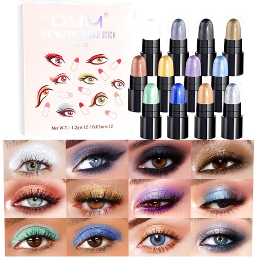 AMY'S DIARY Capsule Eyeshadow Sticks Set, 12 Colors, Waterproof Smoky Eye Pencils, White, Black, Purple, Blue, Green (Set01)
