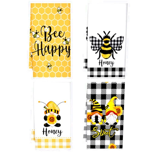 Tegeme 4 Pcs Bee Kitchen Tea Towel Honey Bee Dish Towels Honeycomb Bath Washcloth Honey Hand Polyester Absorbent Cloths Accessories for Kitchen Decor, 16 x 24 Inch(White, Yellow,Bee)