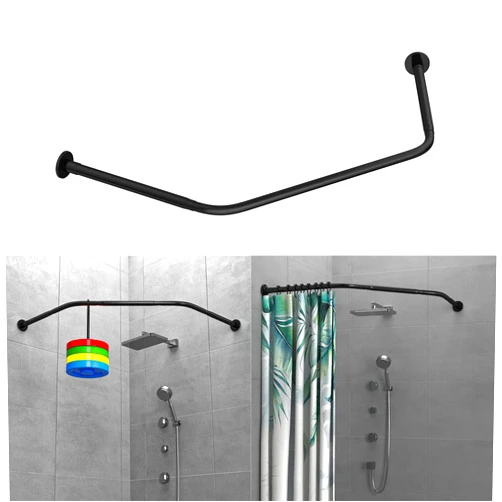 Tanxih Corner Shower Curtain Rod Adjustable Stainless Steel Diamond Shaped Rack Drill Free Install for Bathroom, Bathtub, Clothing Store (Black Diamond Shaped, Both Sides: 17