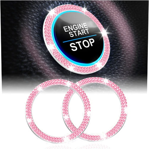 LivTee 2 PCS Crystal Double Rhinestone Car Engine Start Stop Decoration Ring, Bling Car Interior Accessories for Women, Push to Start Button Cover/Sticker, Key Ignition & Knob Bling Ring, Pink