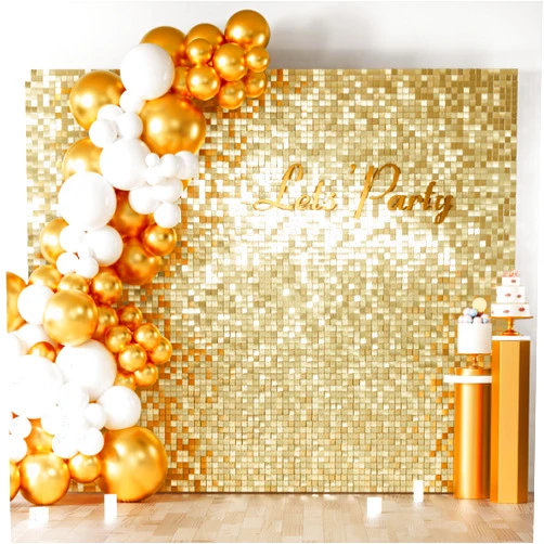 COKAOBE Light Gold Shimmer Wall Backdrop, 36 Pcs Square Sequin Shimmer Backdrop Panel, Photo Backdrops for Birthday, Anniversary, Wedding, Graduation & Bachelorette Party Decoration